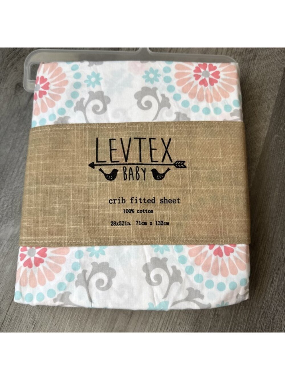 NWT Levtex Baby Crib Fitted Sheet 28x52 100% Cotton Coral Aqua Gray Medallion